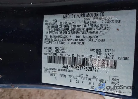 2007 Mercury Milan I4 Premier from USA, damaged, VIN 3MEHM08Z17R628717